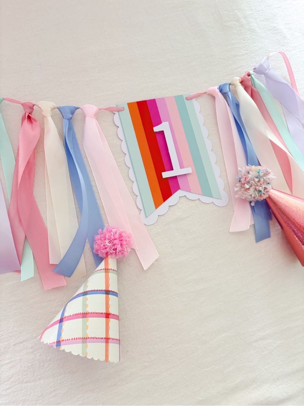 First Birthday fun to be one Pastel Ribbon Garland Banner with Number 1